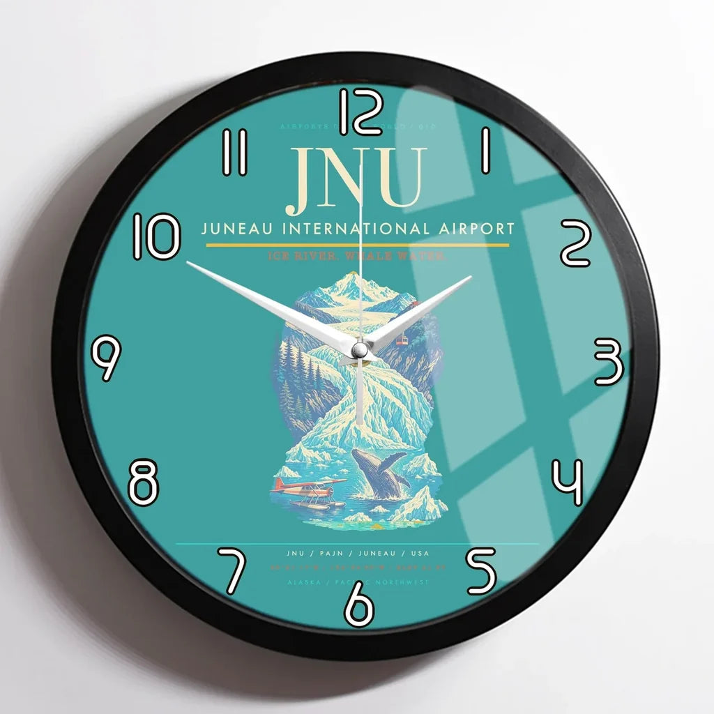 Juneau International Airport (JNU) design on turquoise framed wall clock