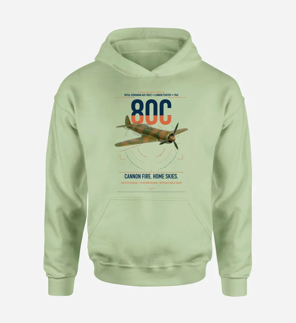 IAR 80C design on light green double-side hoodie, single-side print