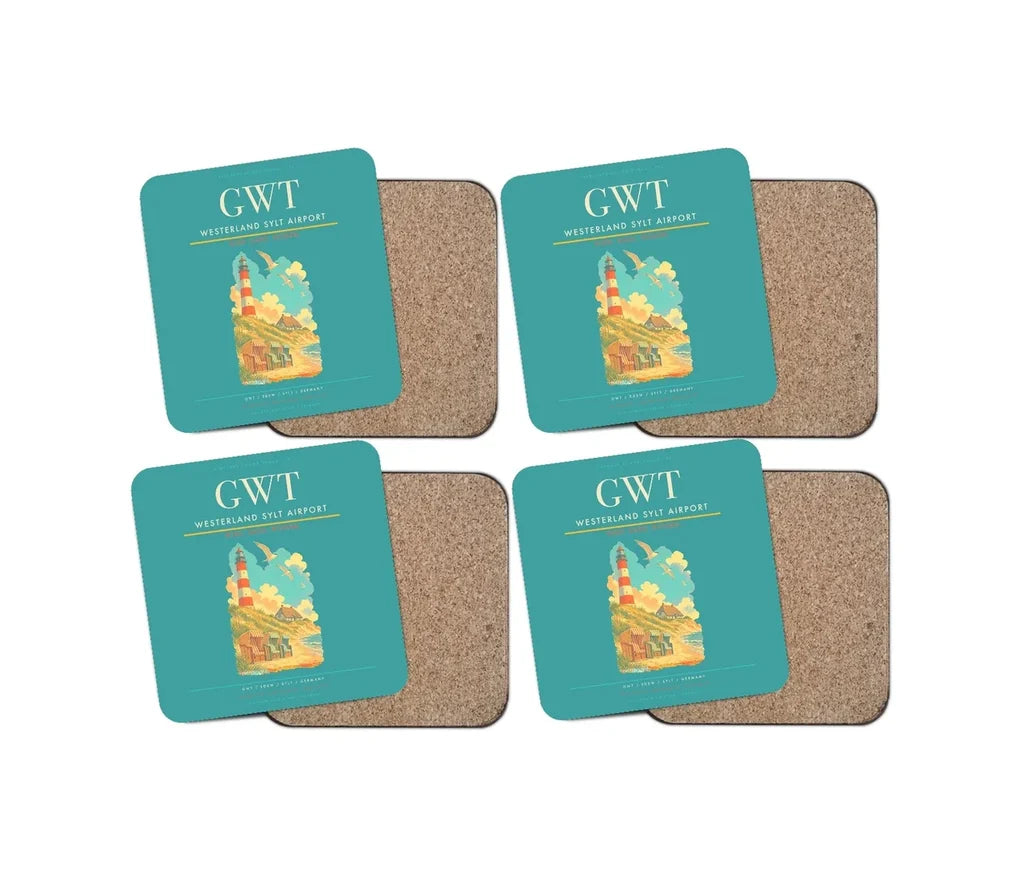 Westerland Sylt Airport (GWT) design on turquoise 4 pieces set coaster