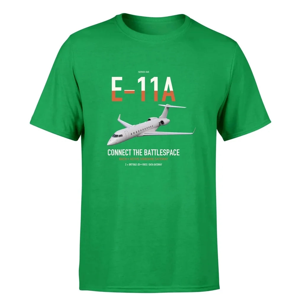 E-11A BACN design on green double-side t-shirt, single-side print