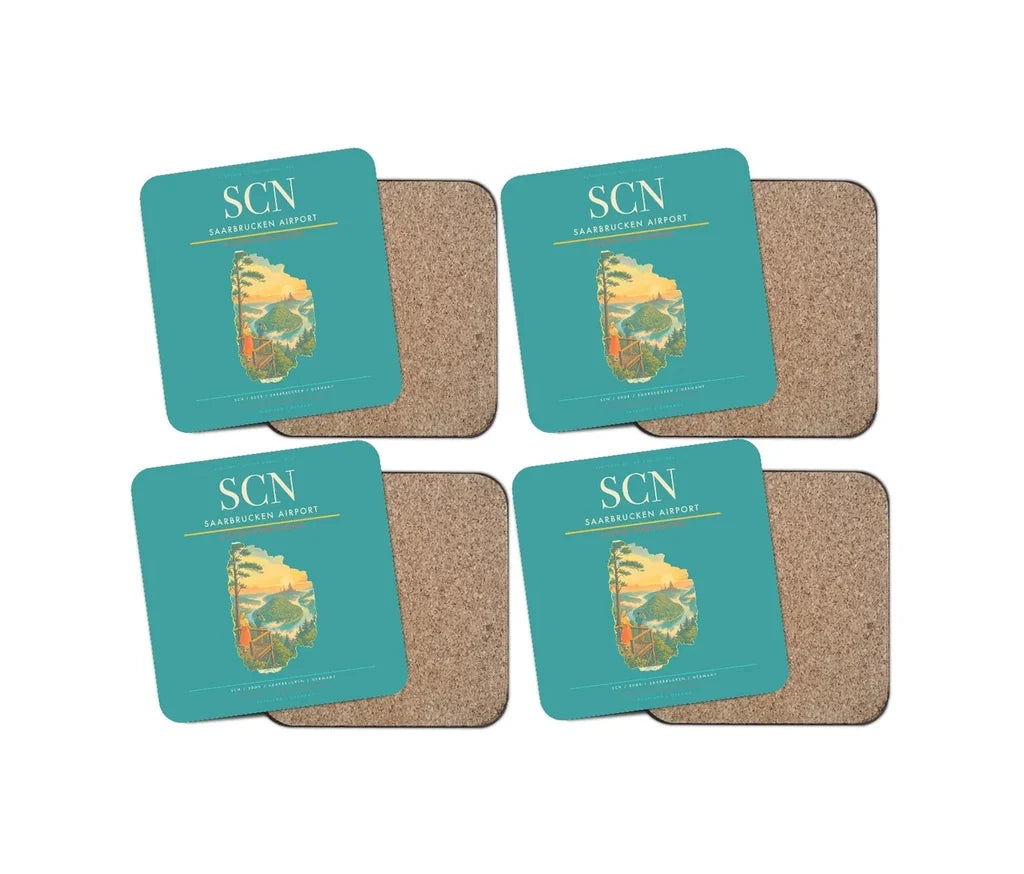 Saarbrucken Airport (SCN) design on turquoise 4 pieces set coaster