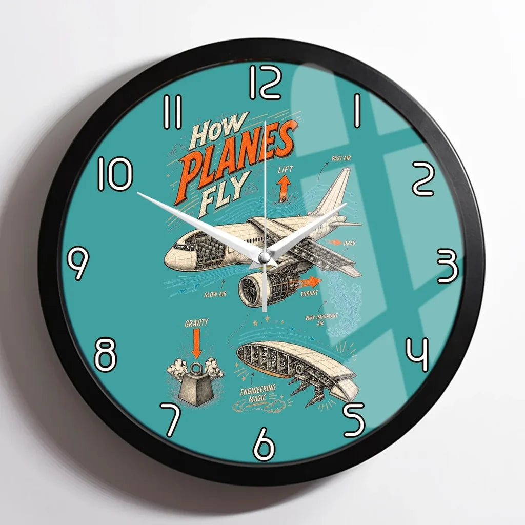 How Planes Fly V2 design on turquoise framed wall clock