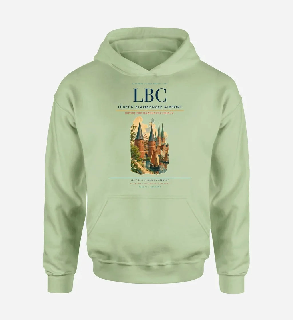 Lübeck Blankensee Airport (LBC) design on light green hoodie single-side print