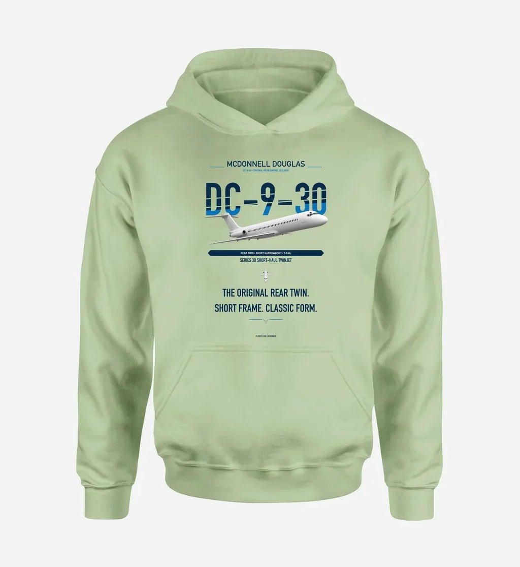 McDonnell Douglas DC-9-30 design on light green double-side hoodie, single-side print