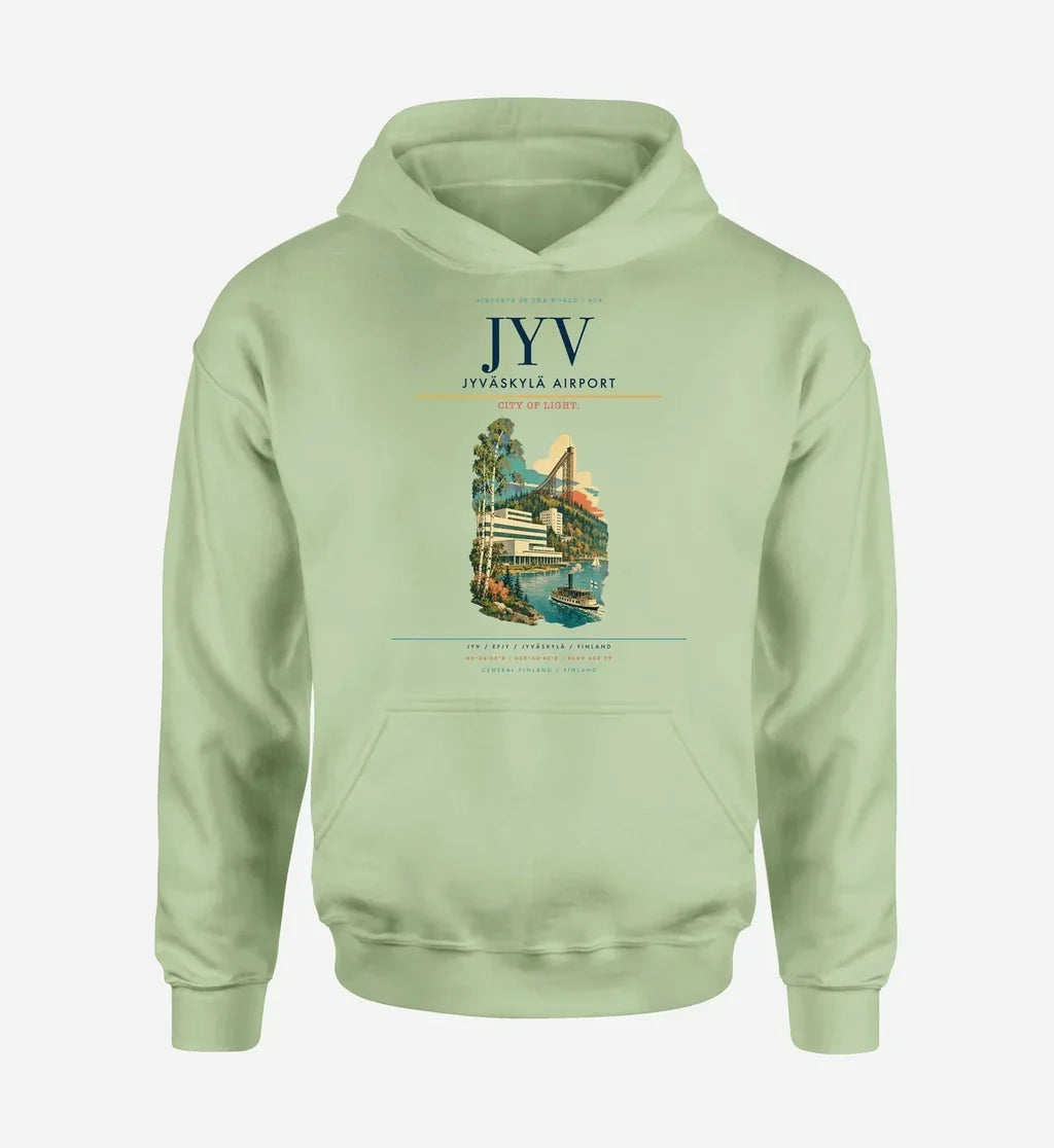 Jyväskylä Airport (JYV) design on light green hoodie single-side print