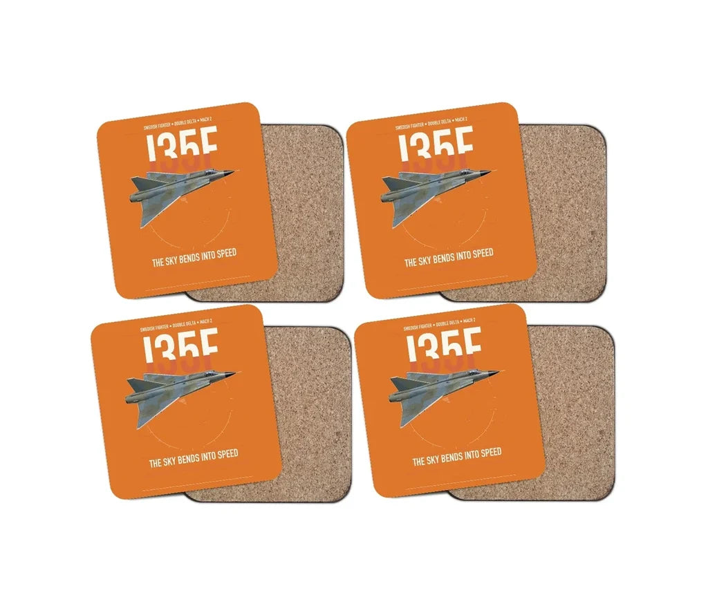 Saab J 35F Draken design on orange 4 pieces set coaster
