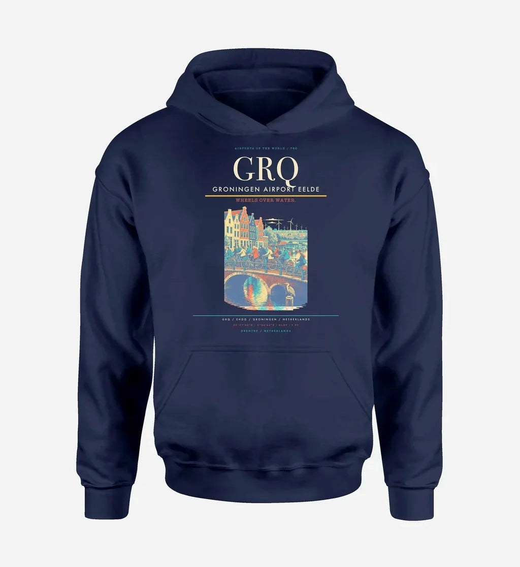 Groningen Airport Eelde (GRQ) design on navy blue hoodie single-side print