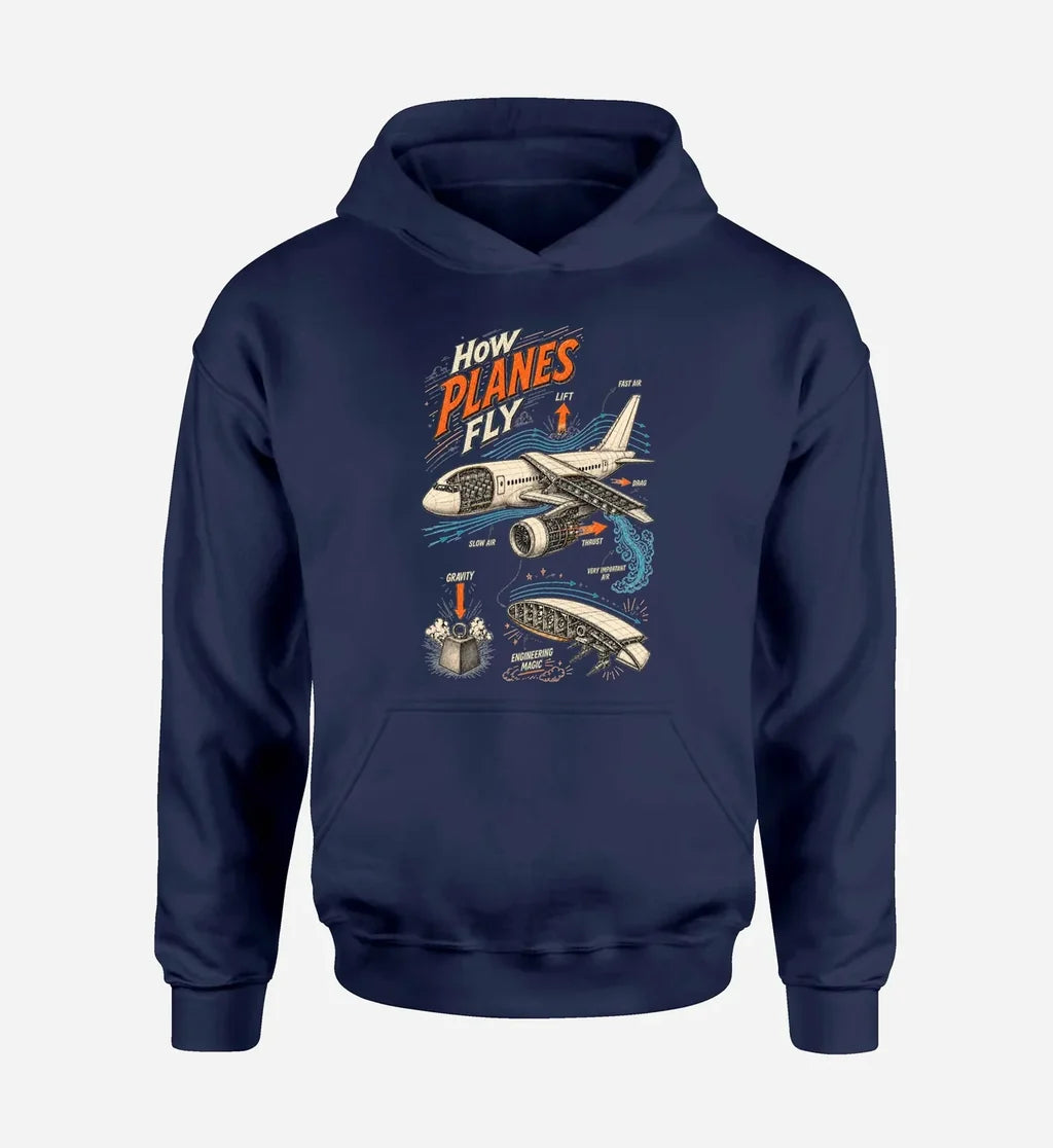 SIGNAL 616 - How Planes Fly V2 design on navy blue hoodie single side