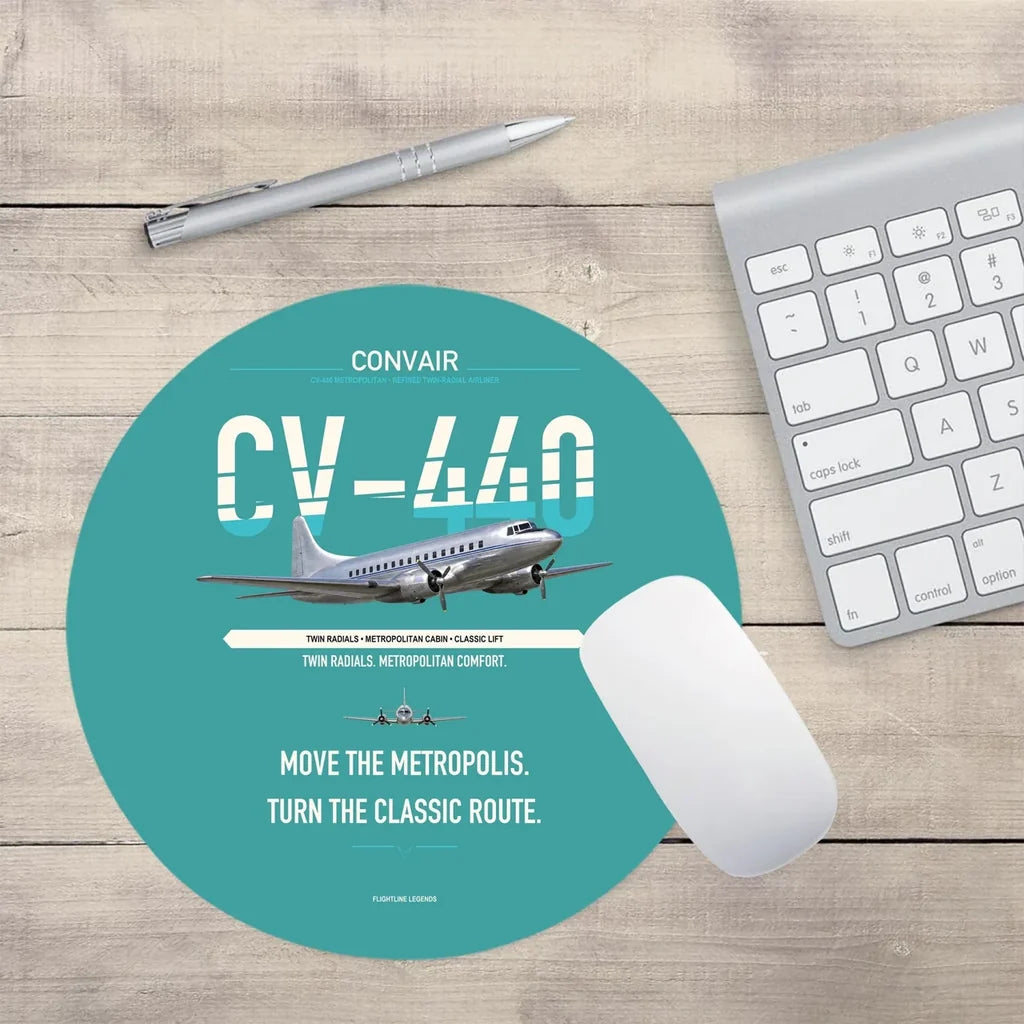 Convair CV-440 Metropolitan design on turquoise round mouse pad