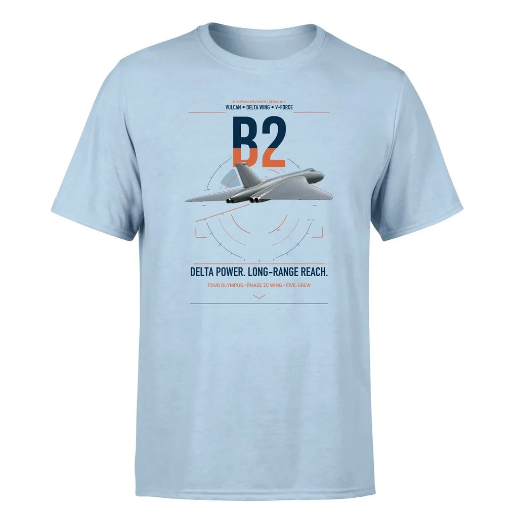 Avro Vulcan B2 design on light blue t-shirt, single-side print