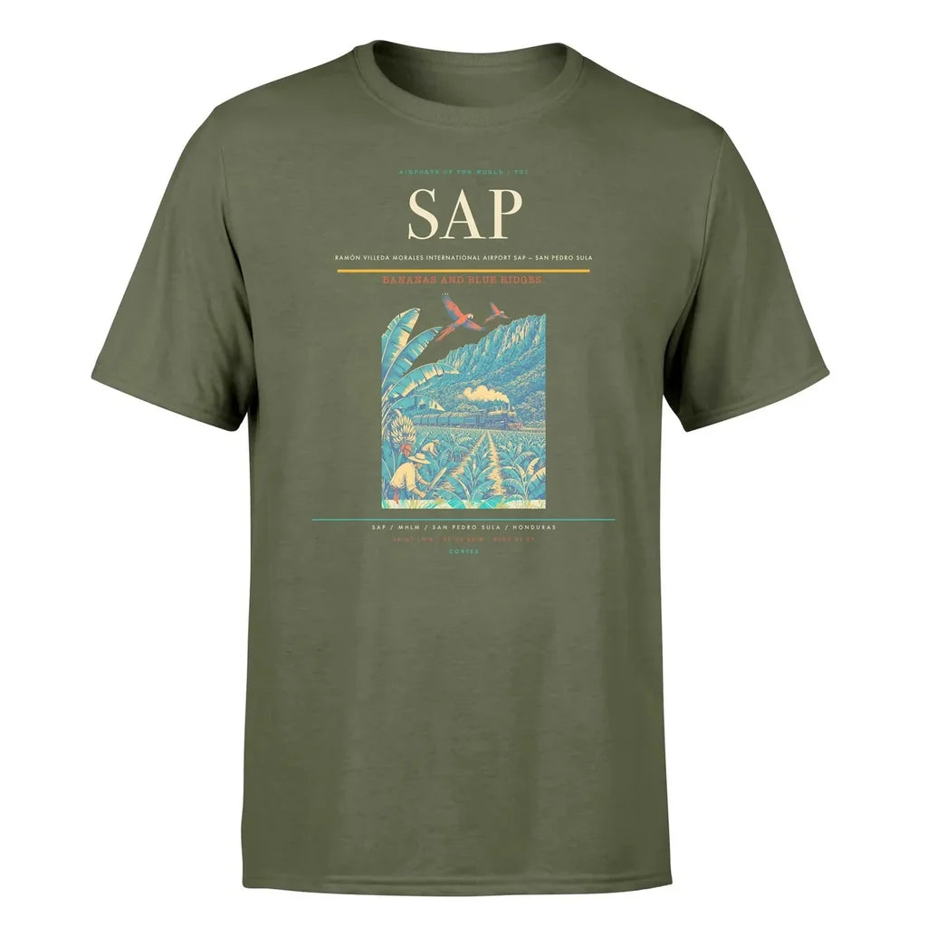 Ramón Villeda Morales International Airport (SAP) T-Shirt single-side front print in Green Army | ramón-villeda-morales-international-airport-sap-double-side-t-shirt