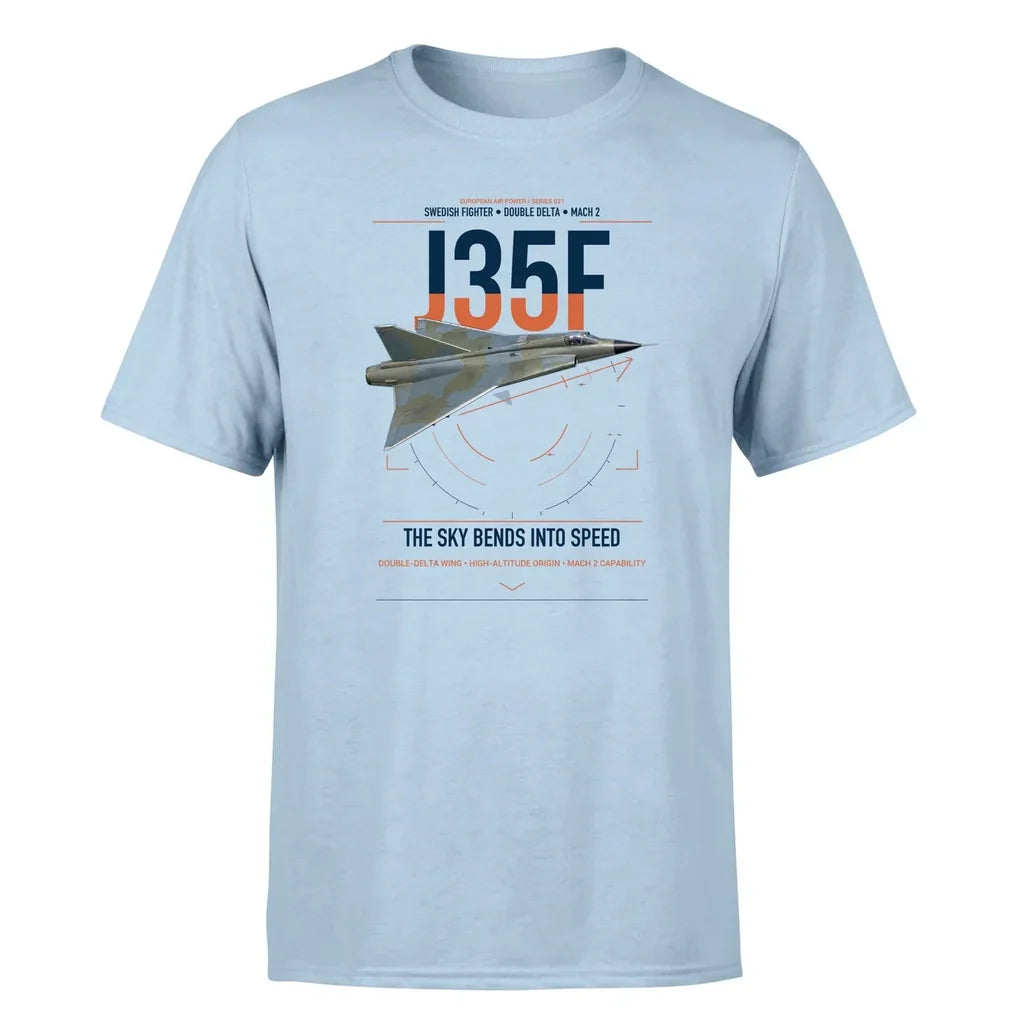 Saab J 35F Draken design on light blue t-shirt, single-side print