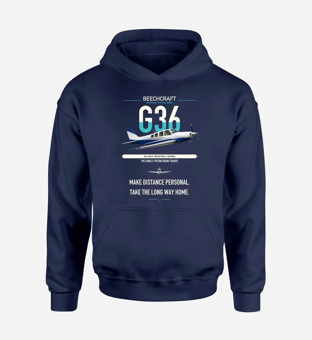 Beechcraft Bonanza G36 design on navy blue double-side hoodie, single-side print