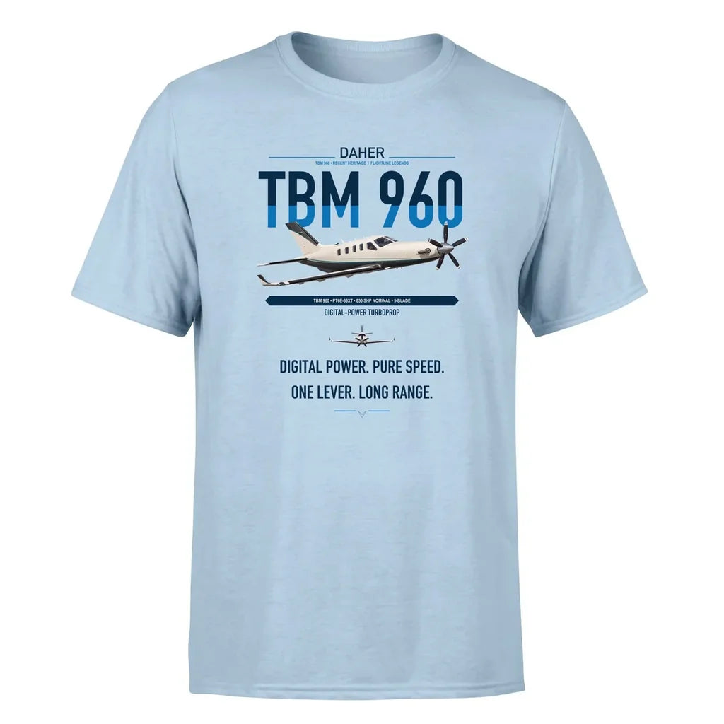 Daher TBM 960 design on light blue t-shirt, single-side print