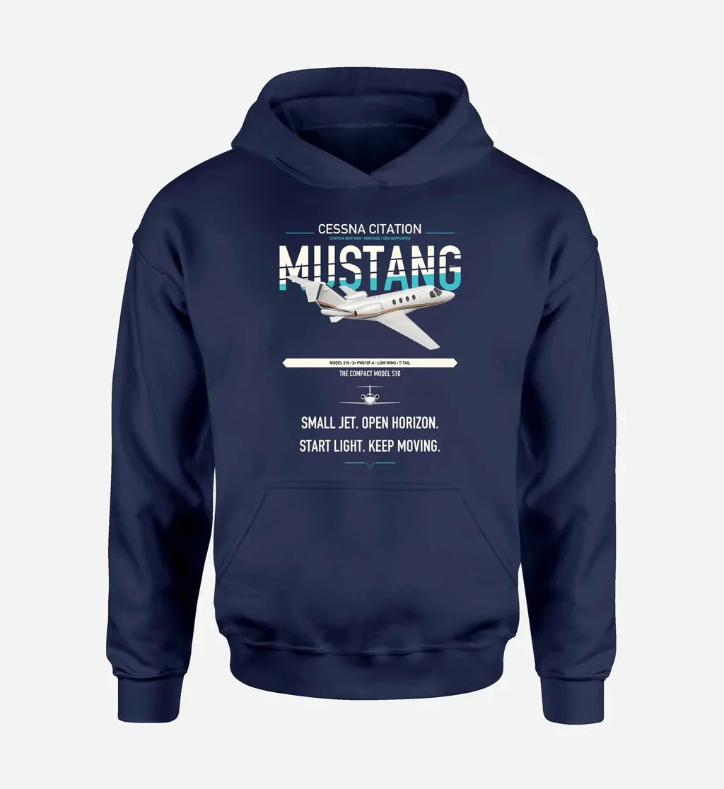 Cessna Citation Mustang design on navy blue double-side hoodie, single-side print