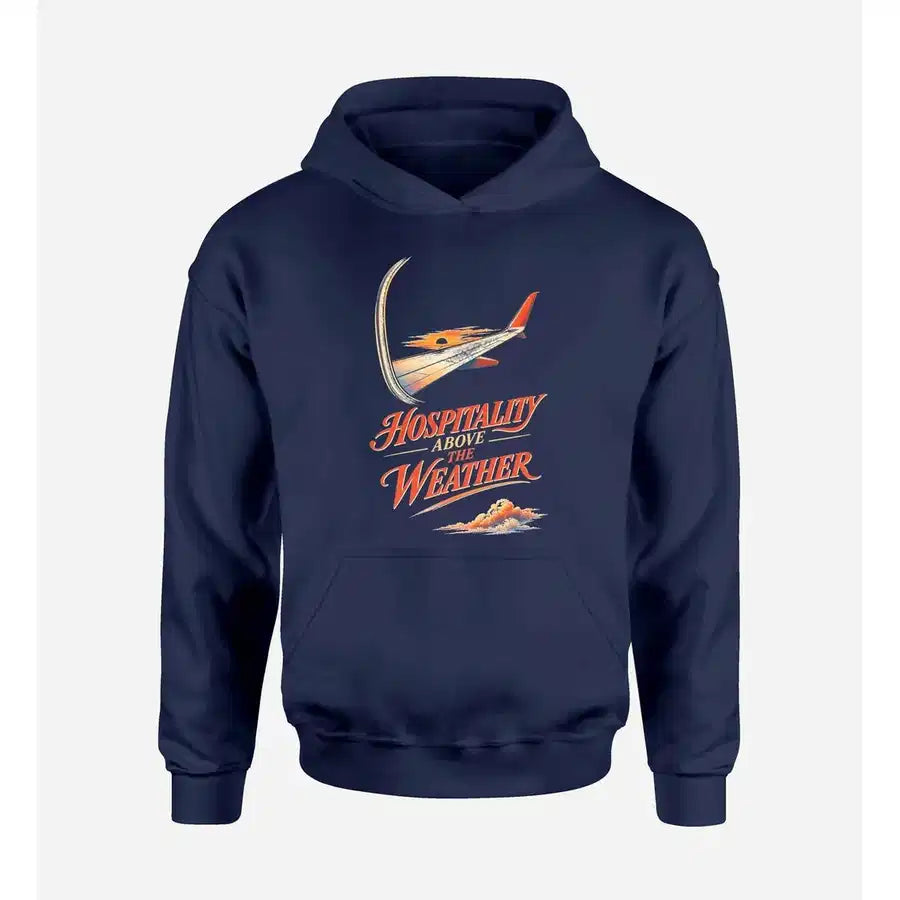 SIGNAL 592 - Hospitality Above The Weather design on navy blue hoodie single side