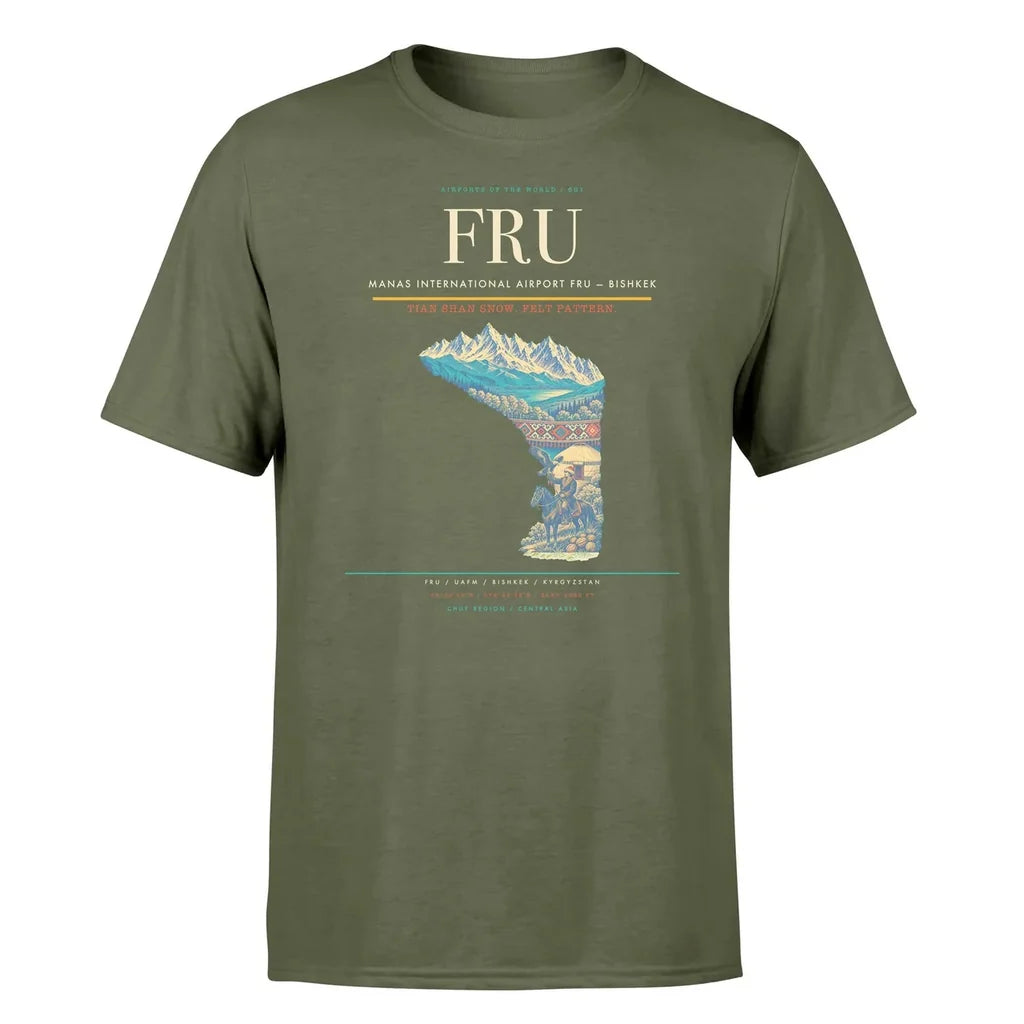 Manas International Airport (FRU) T-Shirt single-side front print in Green Army | manas-international-airport-fru-double-side-t-shirt