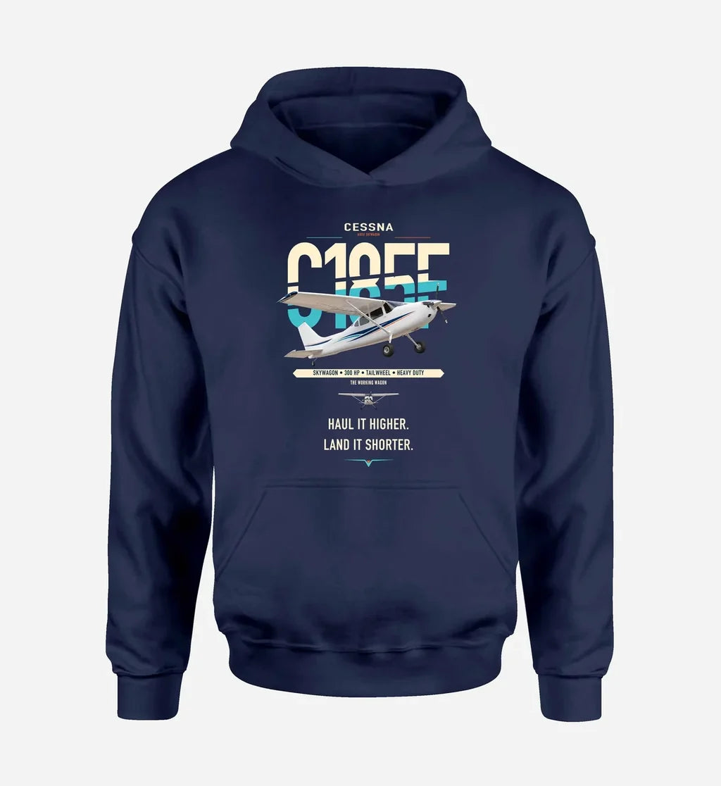 Cessna A185F Skywagon design on navy blue double-side hoodie, single-side print