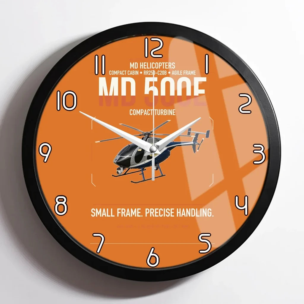 MD Helicopters MD 500E design on orange framed wall clock
