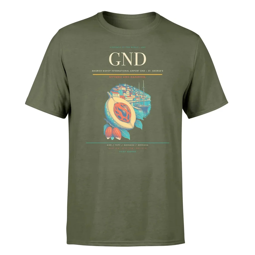 Maurice Bishop International Airport (GND) T-Shirt single-side front print in Green Army | maurice-bishop-international-airport-gnd-double-side-t-shirt