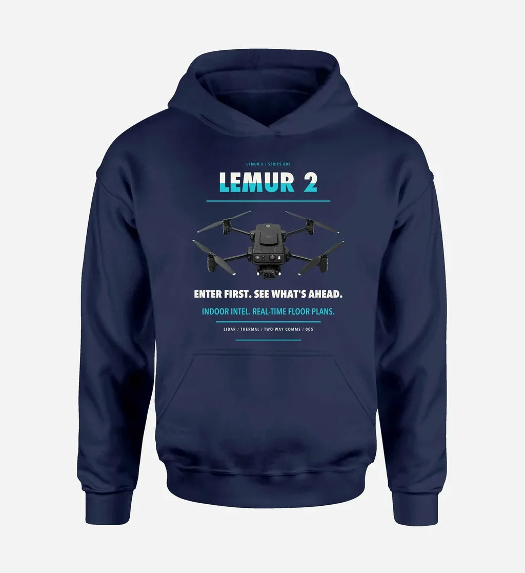 BRINC LEMUR 2 design on navy blue hoodie single side