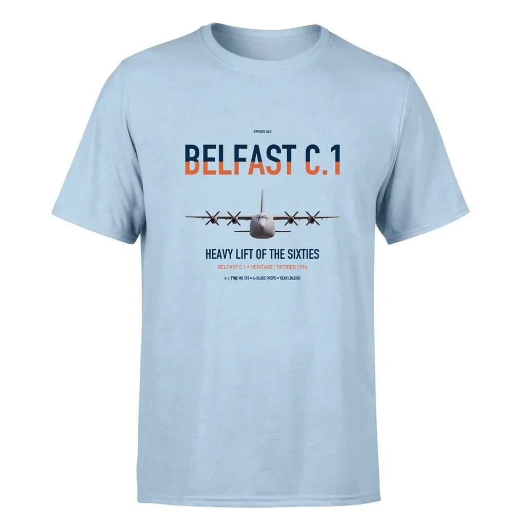 Short Belfast C.1 design on light blue double-side t-shirt, single-side print