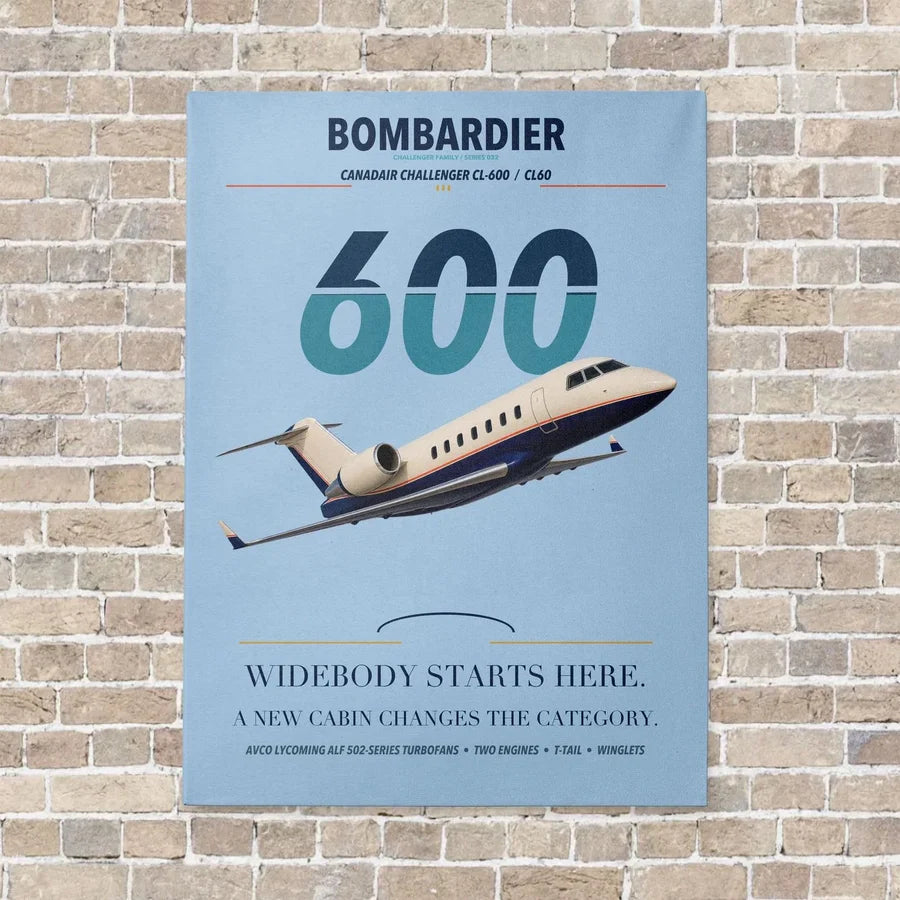 Bombardier Challenger 600 vertical canvas print - no frame - light blue background