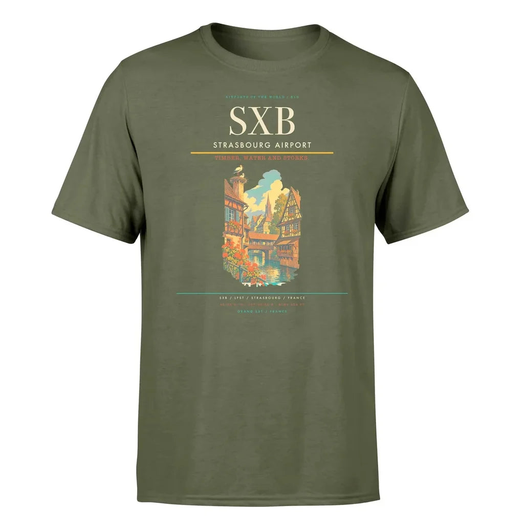 Strasbourg Airport (SXB) T-Shirt single-side front print in Green Army | strasbourg-airport-sxb-double-side-t-shirt