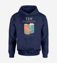 Thumbnail for Deer Lake Regional Airport (YDF) design on navy blue hoodie single-side print