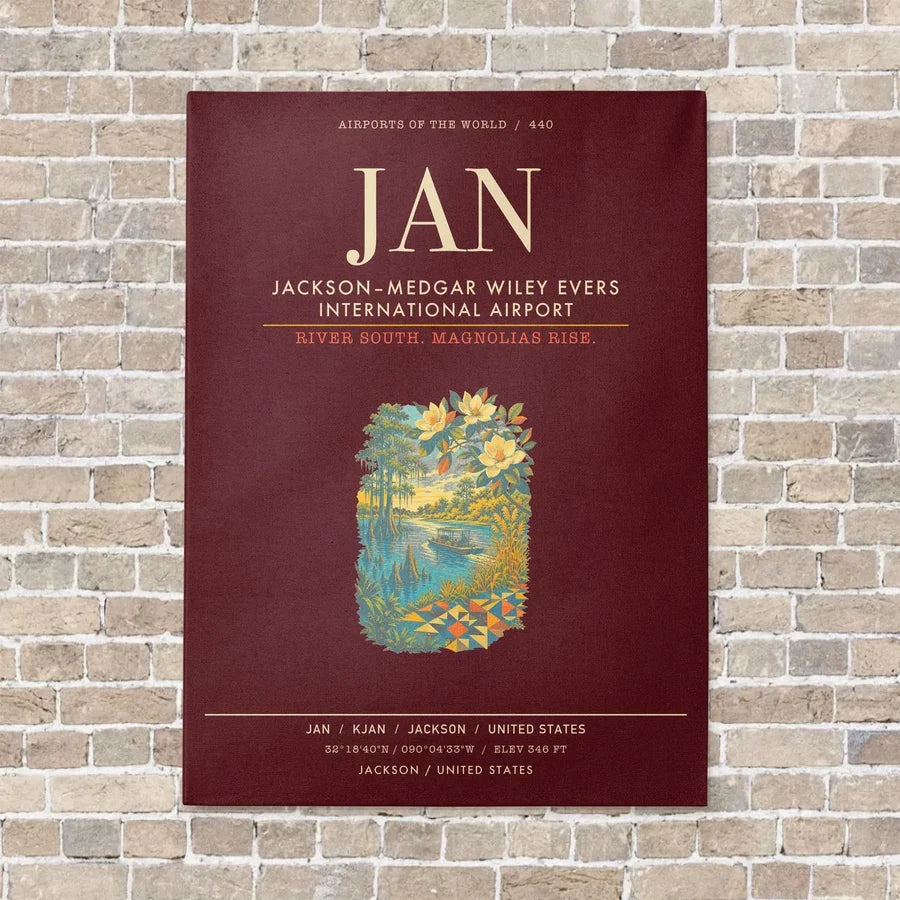 JacksonMedgar Wiley Evers International Airport JAN - Canvas Framed - Dark Red