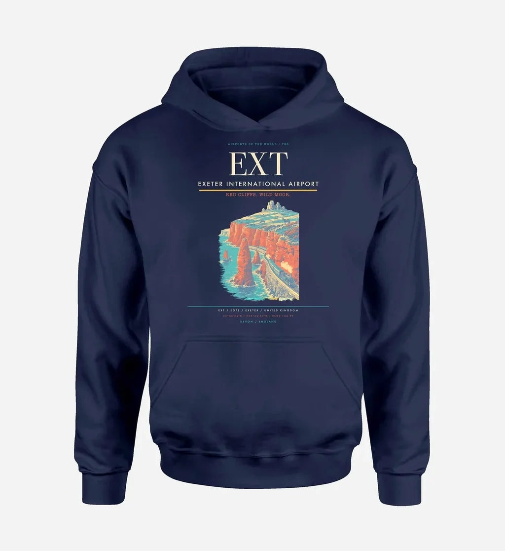 Exeter International Airport (EXT) design on navy blue hoodie single-side print
