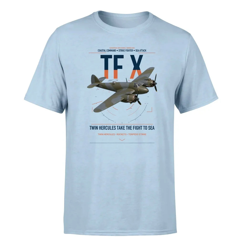 Bristol Beaufighter TF X design on light blue t-shirt, single-side print