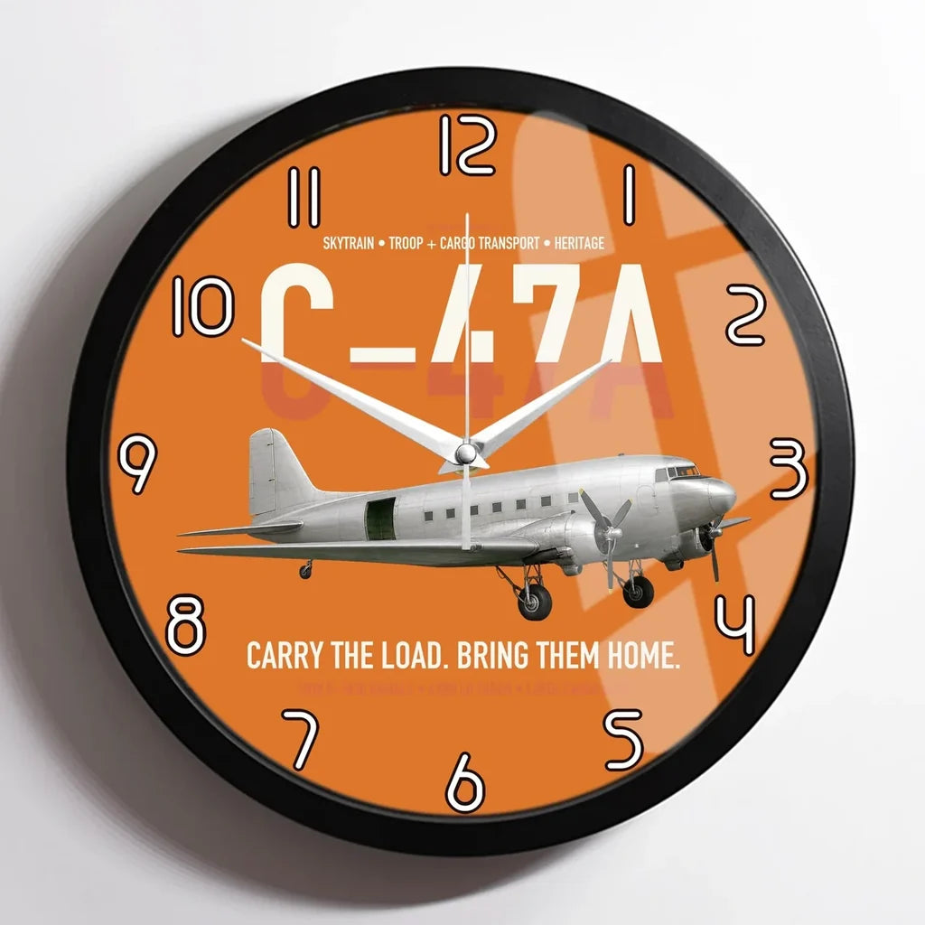 C-47A Skytrain design on orange framed wall clock