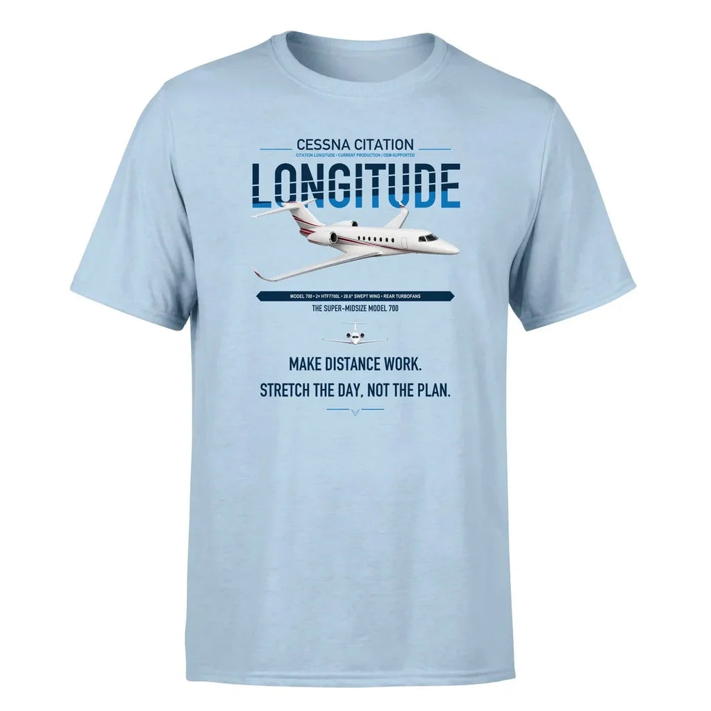 Cessna Citation Longitude design on light blue double-side t-shirt, single-side print