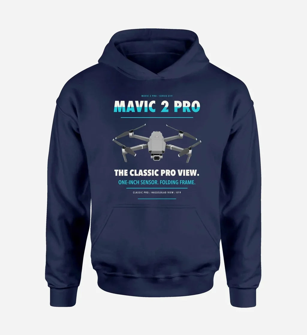 DJI Mavic 2 Pro design on navy blue hoodie single side