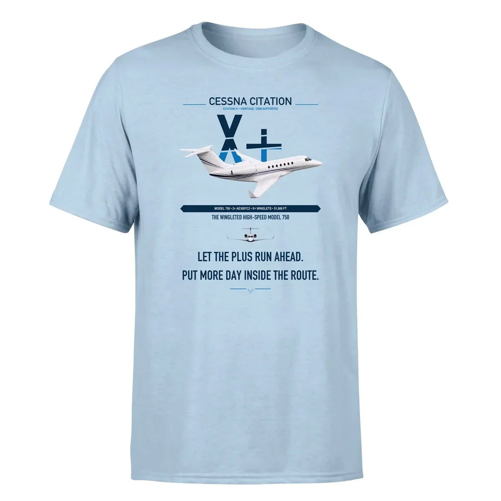 Cessna Citation X+ design on light blue double-side t-shirt, single-side print