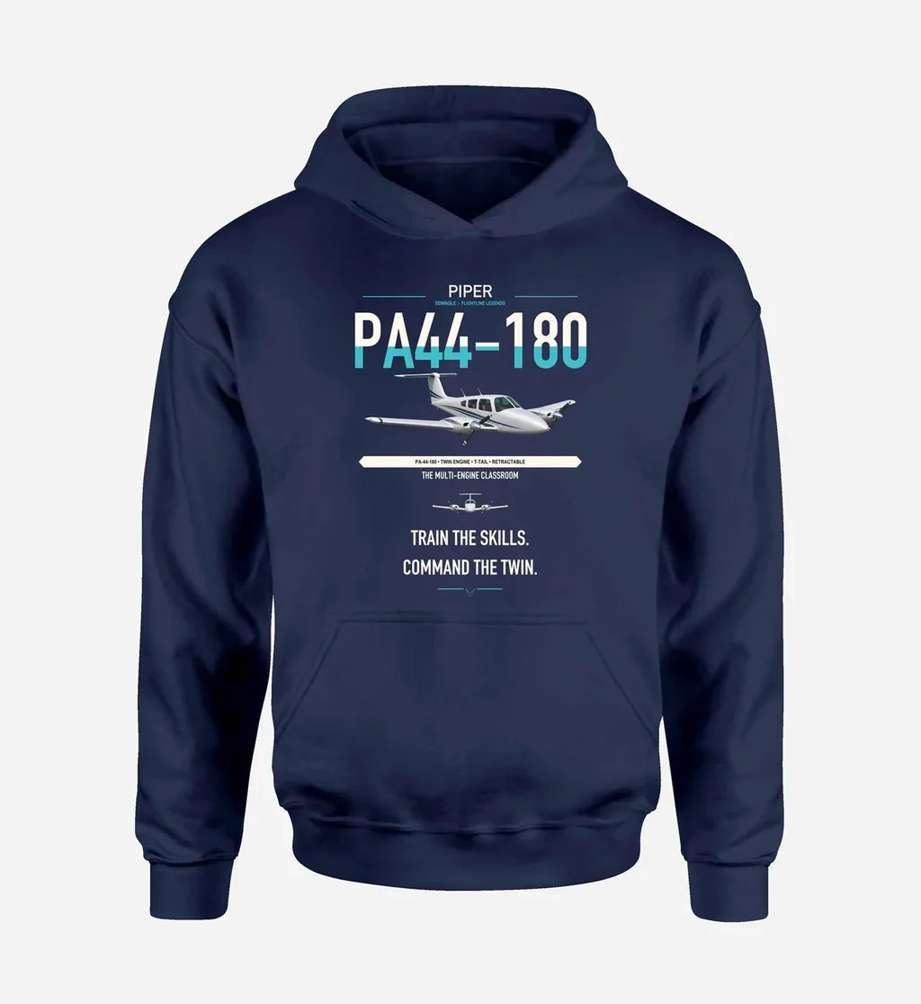 Piper PA-44-180 Seminole design on navy blue double-side hoodie, single-side print