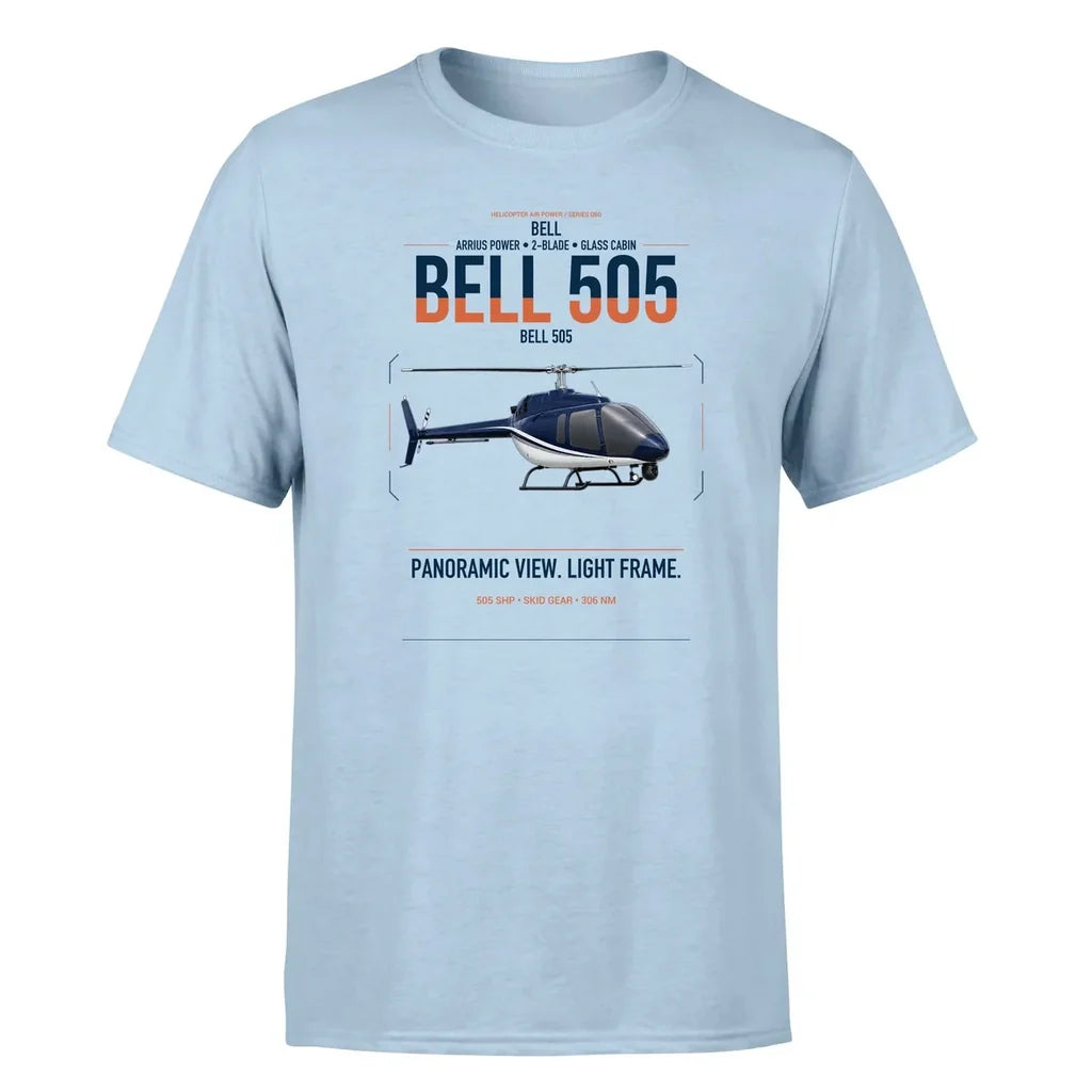 Bell 505 design on light blue t-shirt, single-side print