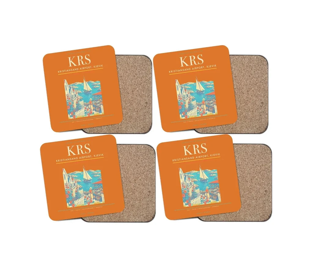 Kristiansand Airport, Kjevik (KRS) design on orange 4 pieces set coaster