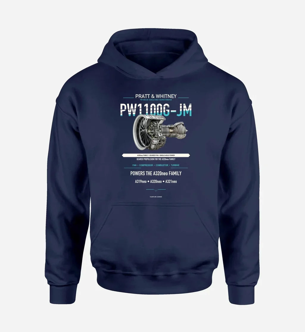 PW1100G-JM design on navy blue hoodie single side