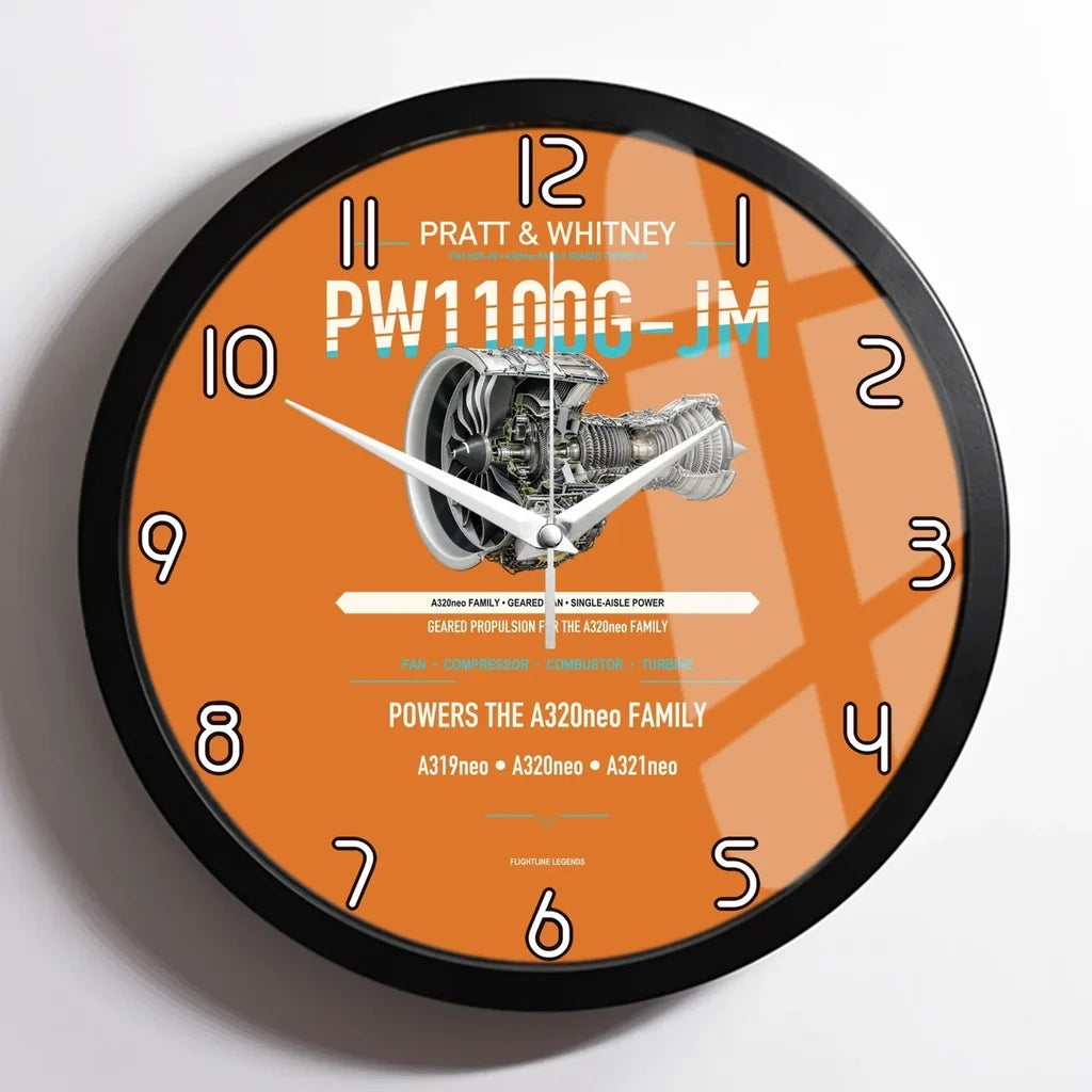 PW1100G-JM design on orange framed wall clock