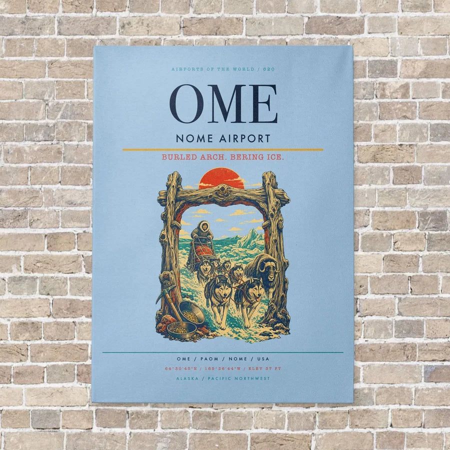 Nome Airport OME vertical canvas print - no frame - light blue background