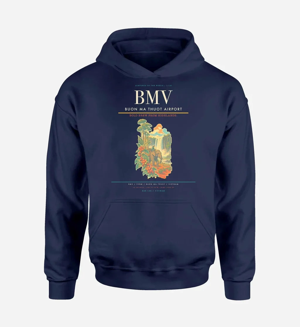 Buon Ma Thuot Airport (BMV) design on navy blue hoodie single-side print