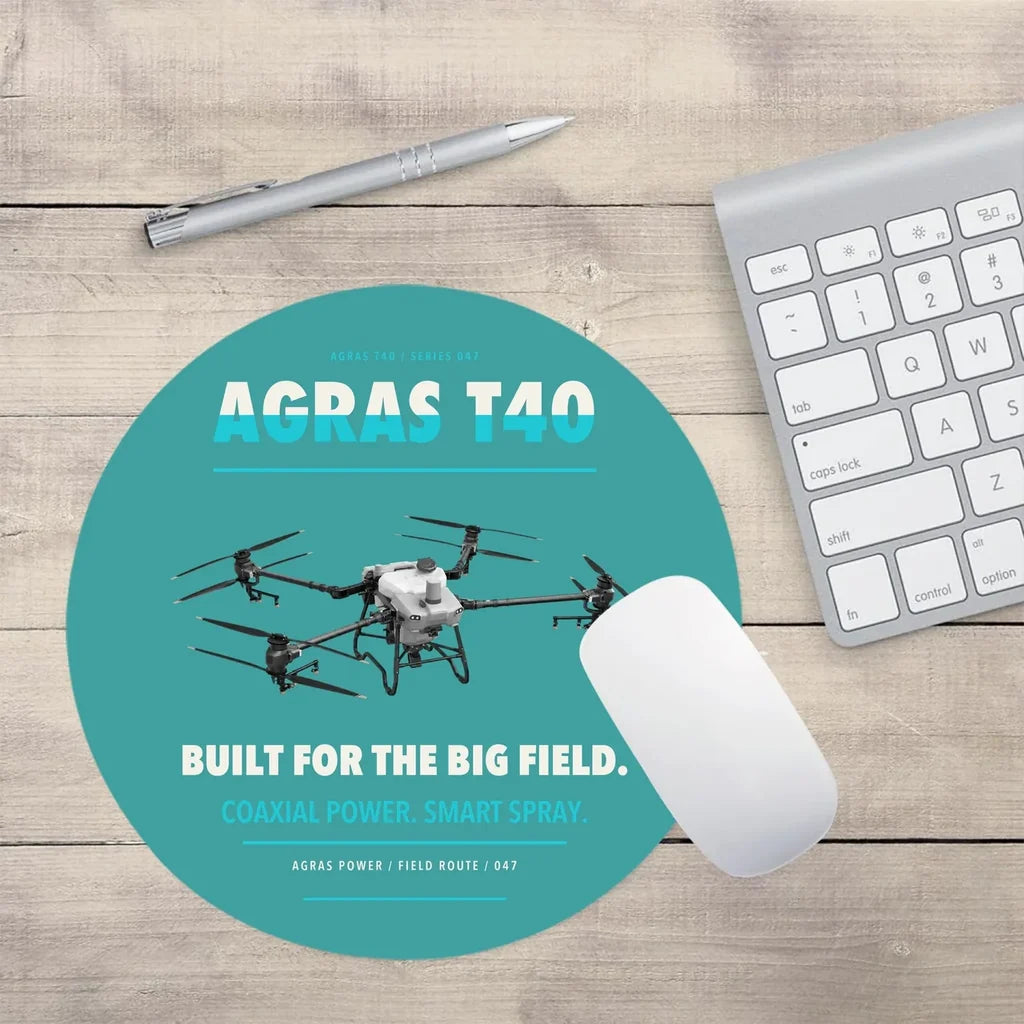 DJI Agras T40 design on turquoise round mouse pad