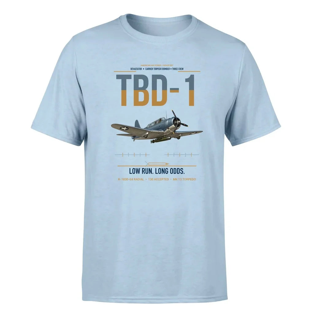 TBD-1 Devastator design on light blue double-side t-shirt, single-side print