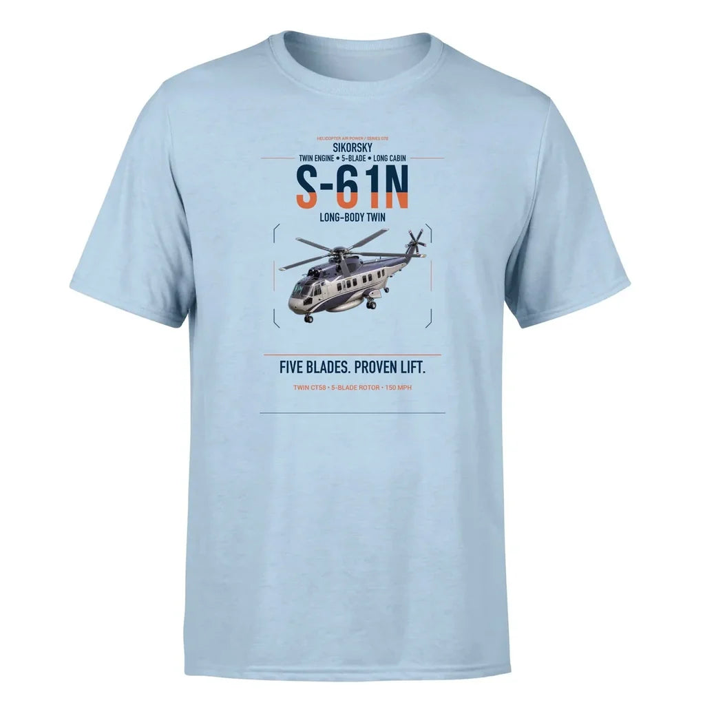 Sikorsky S-61N design on light blue t-shirt, single-side print