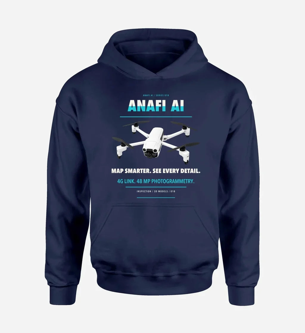 Parrot ANAFI Ai design on navy blue hoodie single side