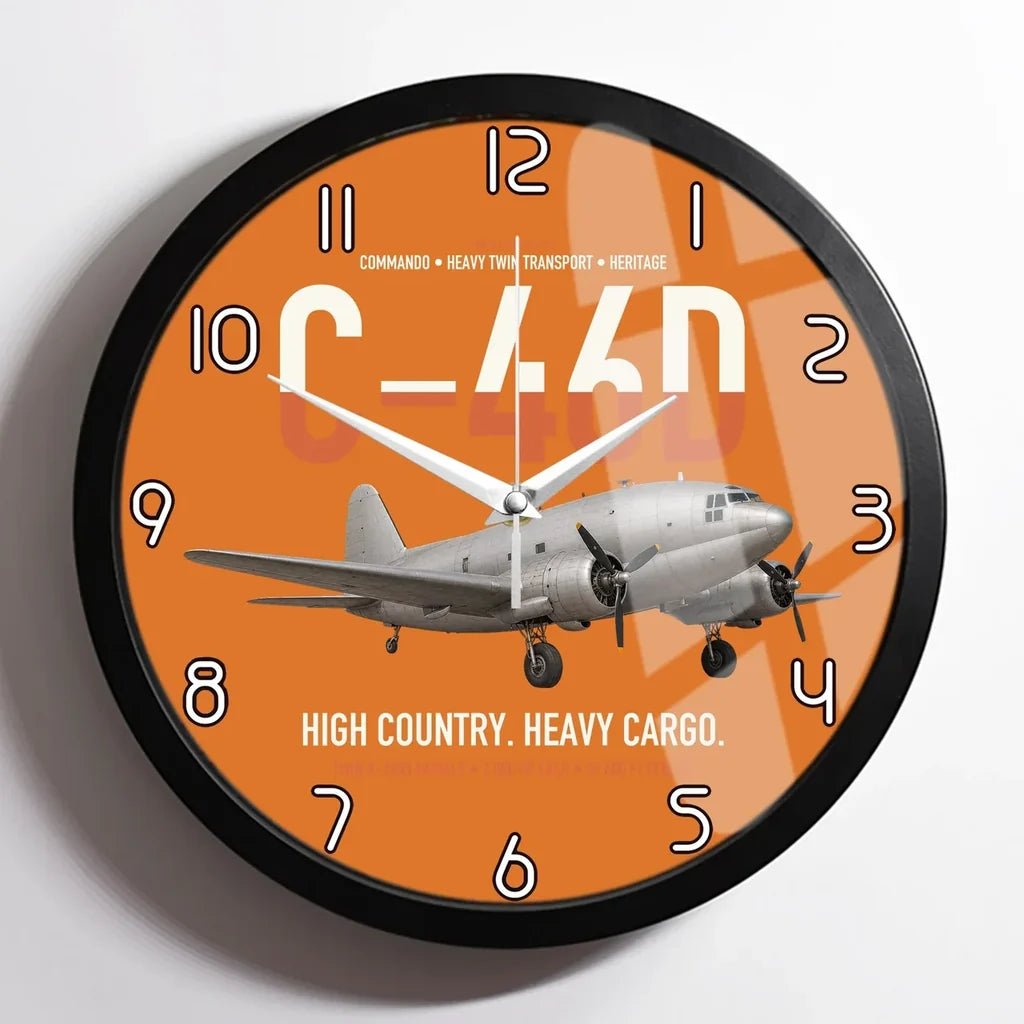C-46D Commando design on orange framed wall clock