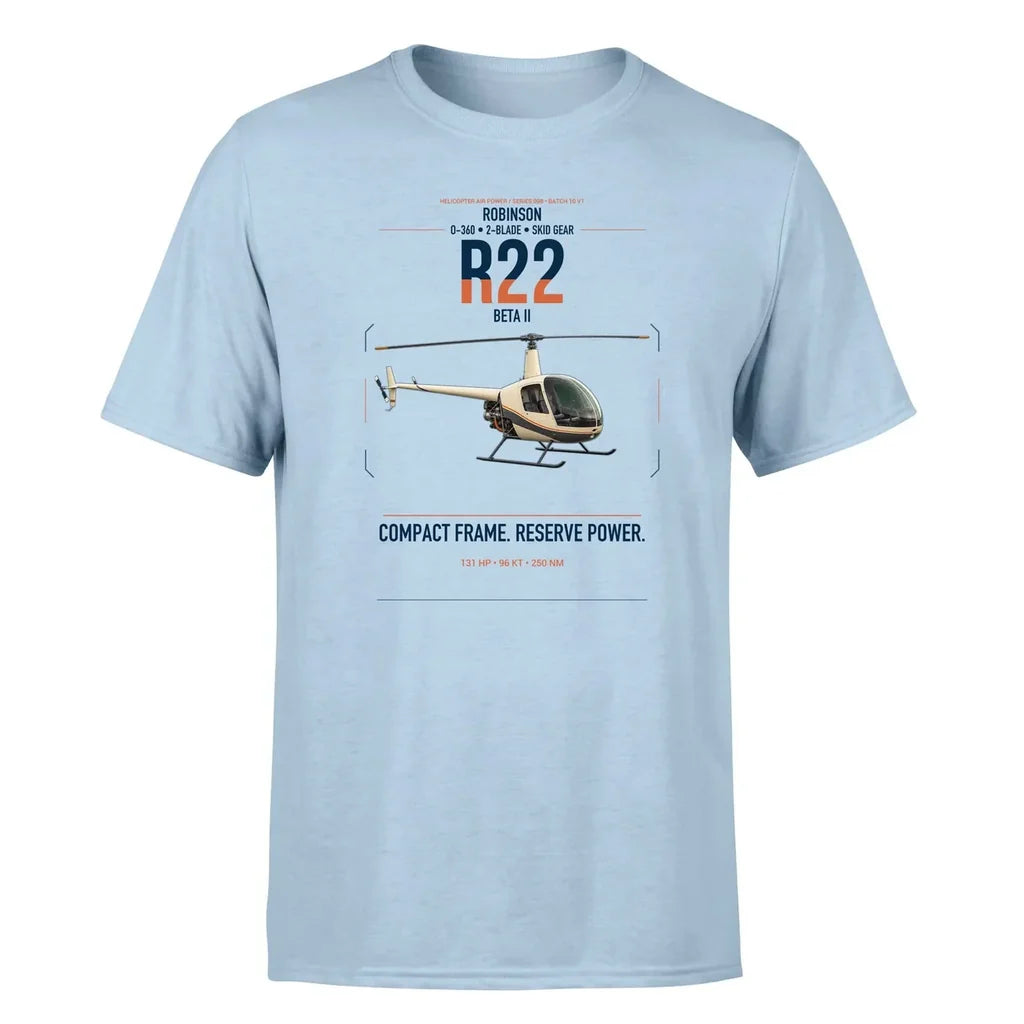 Robinson R22 Beta II design on light blue t-shirt, single-side print