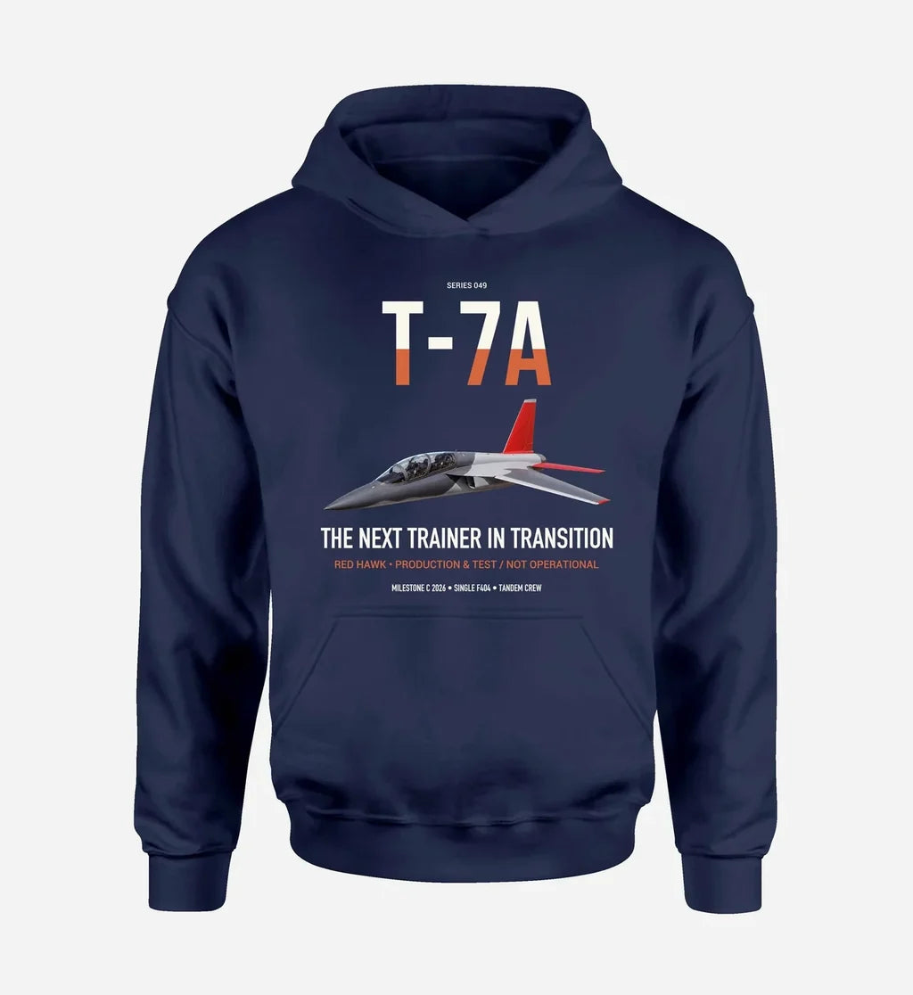 T-7A Red Hawk design on navy blue double-side hoodie, single-side print